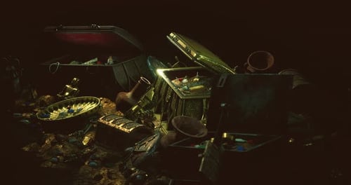 Opening Ancient Treasure Chests Revealing Gold and Jewels