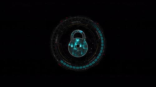 Blue digital security key logo and circle futuristic HUD elements