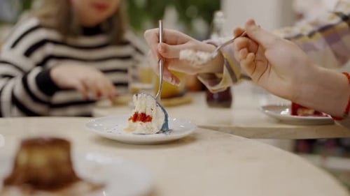Women Sitting at Cafe Table and Tasting Delicious Biscuit Cake with Cream