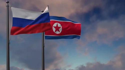 North Korea Flag Waving Along With The National Flag Of The Russia - 4K