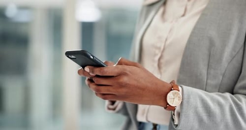 Business woman, phone and hands typing in communication, social media or networking at the office