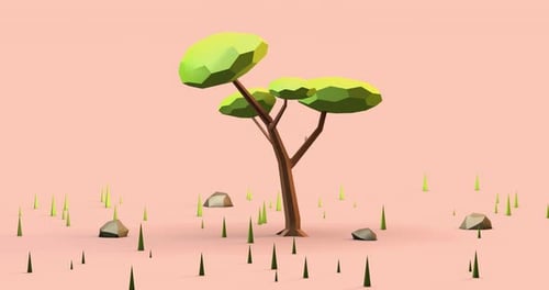 Low-Poly-3D-Animation eines Baumes bei Sonnenuntergang oder Morgendämmerung, hellgrüner Baum im Low-Poly-Stil und schönem Rosa