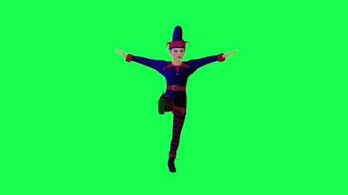 3D animated clown boy dancing jazz in christmas party front angle green screen