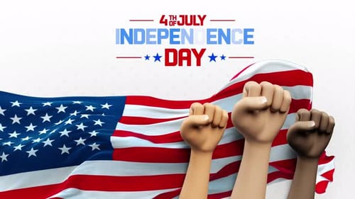 Fourth Of July Independence Day Title With Waving Flag And Diverse Fists
