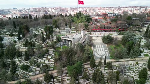 Eyup Cable Car on a hill in Istanbul Turkey, fly away shot