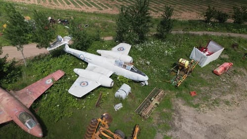 Vintage Airplanes Decaying in Rural Setting Aerial