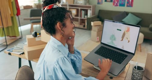 Woman, phone call and design fashion or laptop in studio with website screen or boxes