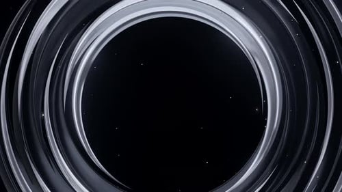 Anneaux métalliques argentés abstraits sur fond sombre avec particules