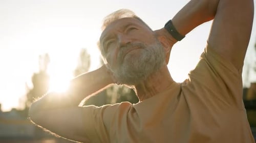 Close Up Aged Caucasian Man Old Sportsman Morning Training Warmup Sporty Lifestyle Exercise Retired