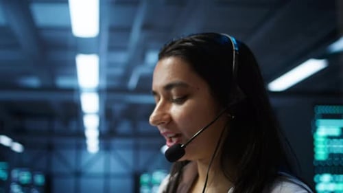Dark Haired Woman Speaks into Microphone in Control Room