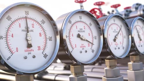 Row of gas pression gauge meters on gas pipeline. Gas extraction, production, delivery and supply