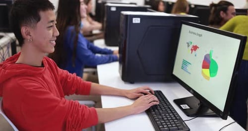Young Multiracial Students Using Computer Inside Colle School Classroom Academic