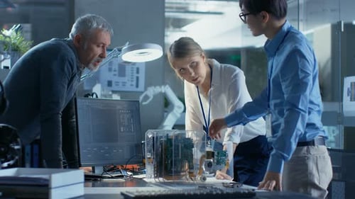 Team of Computer Engineers Lean on the Desk and Choose Printed Circuit Boards to Work with, Compute
