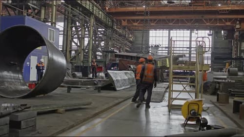 Metal Structure is Carried on Cables at Factory Stock Clip Lifting Cables Move Metal Around Factory