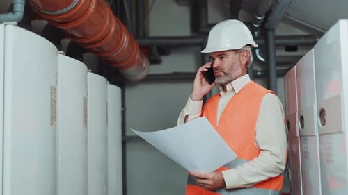 Nervous Factory Worker Holding Paper Plan While Quarrelling on Mobile Phone