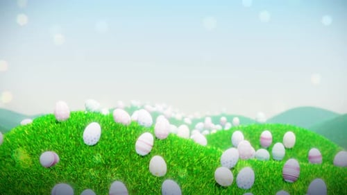 Animated Easter Eggs on Green Rolling Hills Background