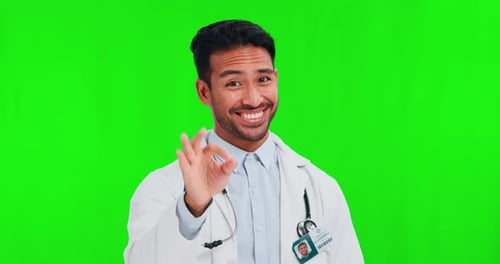Perfect, green screen and portrait of doctor with ok, agreement and success sign isolated