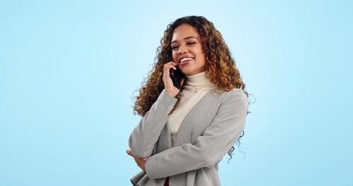 Communication, technology and happy woman with phone call in studio for business contact
