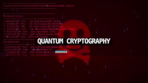 Warntext zur Quantenkryptografie auf dem Hacking-Hintergrundbildschirm
