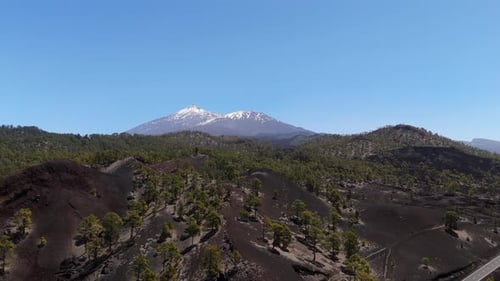 Aerial View From a Drone Flying Over Lava Fields in the Highlands of Western Tenerife with Mount