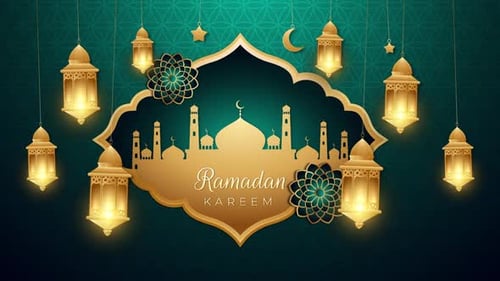 Elegant Ramadan Kareem Greeting with Glowing Islamic Lanterns and Mosque