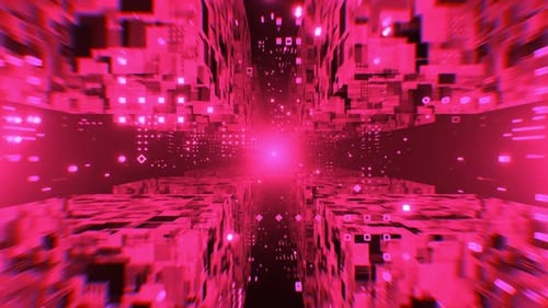 Abstract futuristic cubes flying and rotating. Time travel through cyberspace