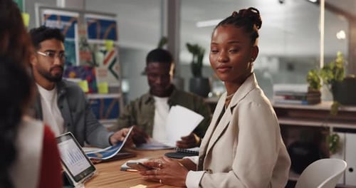 Happy woman, face and team with documents for statistics, analytics or company performance