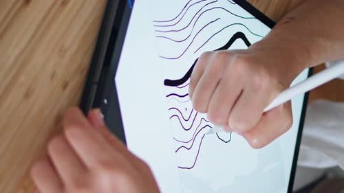 Woman Hand Draw Tablet Office Vertical Closeup Lady Fingers Zooming Tab Screen