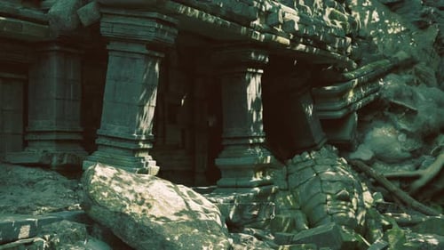 Ancient Stone Ruins Covered in Vegetation at a Remote Archaeological Site