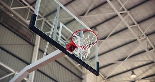 Empty, games and basketball in net, hoop and competition in campus court