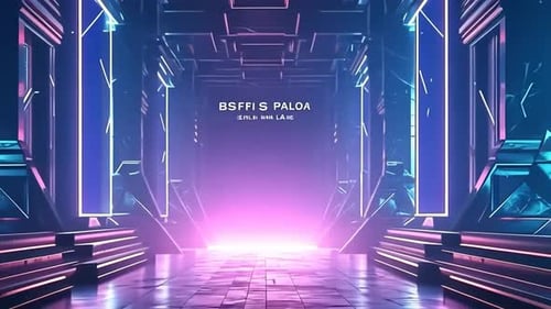 Futuristic, neon-lit hallway. High-tech, digital art. Cyberpunk corridor