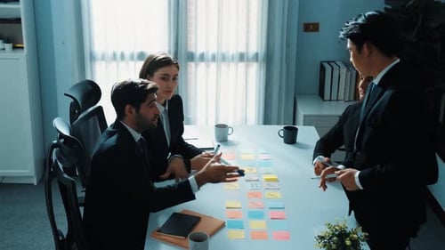 Top view of business team discuss while manager enter meeting. Directorate.