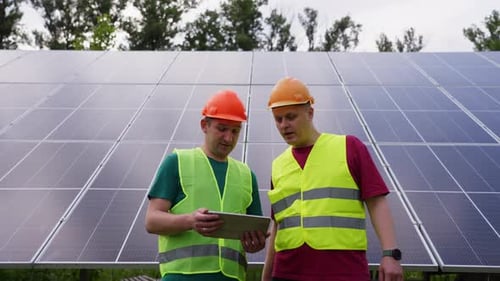 Ingenieure überprüfen die Indikatoren vor dem Hintergrund von Sonnenkollektoren
