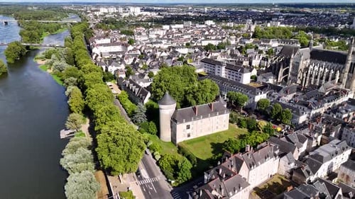 Aerial footage of Tours castle (Chateau de Tours) in Loire Valley, France