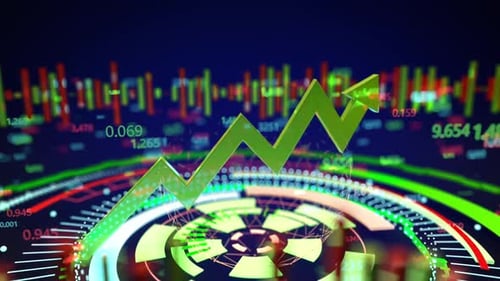 Financial chart showing market upside with green arrow and numbers and candles