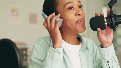 Woman Recording Podcast in Home Studio with Microphone