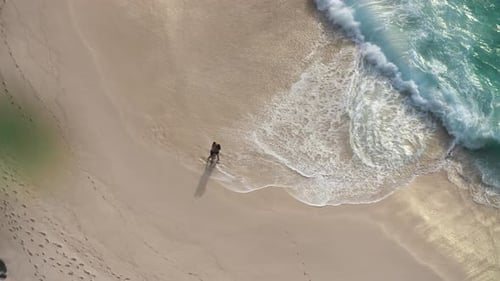 Happy young couple dance, hug and play on the tropical beach by ocean waves. Love and Friendship con