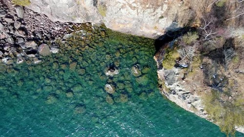 Aerial view of high the Tettegouche State Park and the waves break in cliff. Lake Superior North Sho