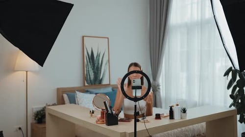 Blonde Woman Recording a Beauty Video Blog at Home