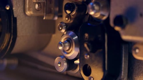 Vintage Film Projector Operating in Close-Up