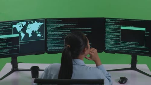 Asian Woman Thinking About Something While Write Code With Multiple Computer Screens In Green Screen