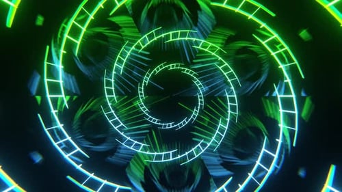 Grüner und hellblauer heller spiralförmiger abstrakter Neon-Hintergrund VJ Loop l 4K