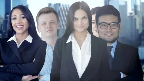 Confident Business Team Poses in Front of Cityscape