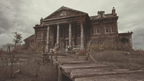 Creepy Abandoned Mansion with Wooden Path on Overcast Day