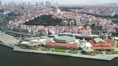 Centered drone shot of Halic Congress Center in Istanbul rotation left