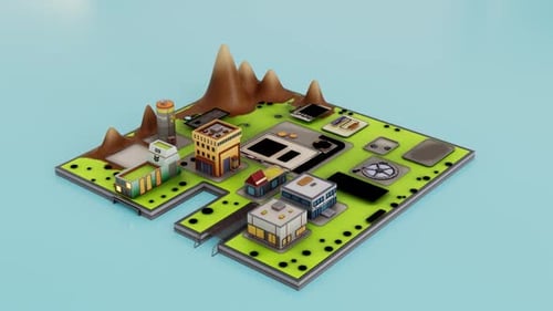 Animación isométrica de construcción de fábricas y ciudades costeras