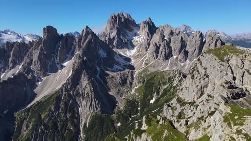 Aerial landscape of Dolomiti mountains in Sexten Dolomites, Alps, South Tyrol, Italy