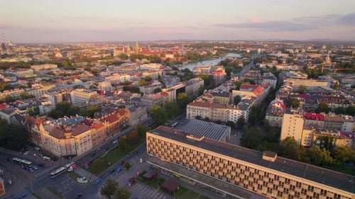 Sunset View At The Beautiful Old Town Of Krakow In Poland - aerial drone shot