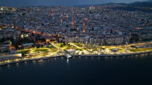 Drone view of Quarantine beach at sunset in Izmir