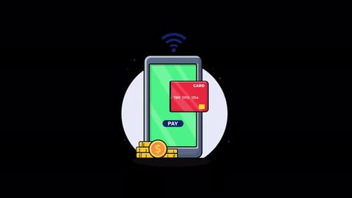 Phone with Bank Card and Gold Coin. Digital Payment Concept Animation Video - Transparent